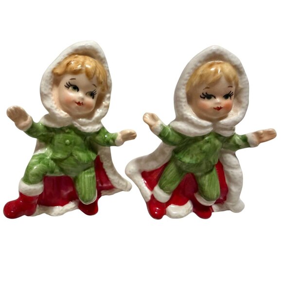 Christmas Pixie Girl Elf Cape Red Green Porcelain Holiday Vtg Figurines Japan - Picture 2 of 7
